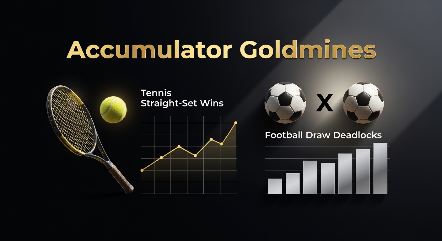 Tennis player celebrating a straight-set victory on clay court while football players shake hands after a 0-0 draw, illustrating accumulator bet synergy