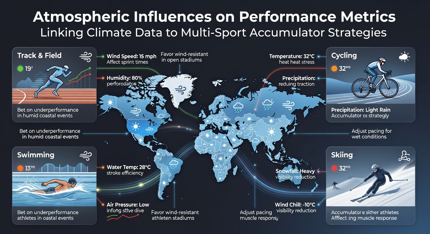Athletes competing under varying weather conditions with climate data overlays showing temperature and humidity impacts on performance