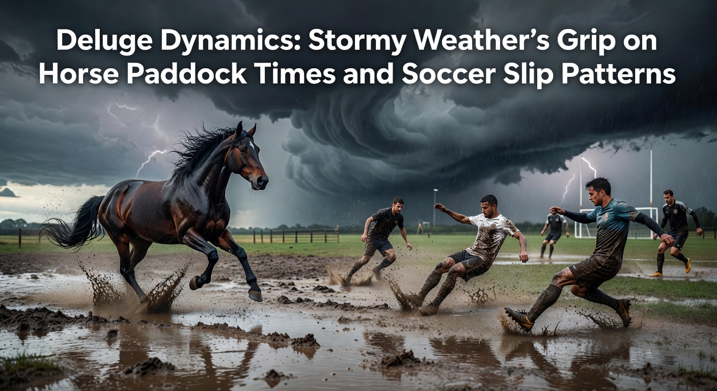 Horses parading in the paddock under heavy rain, with water pooling on the track in the background