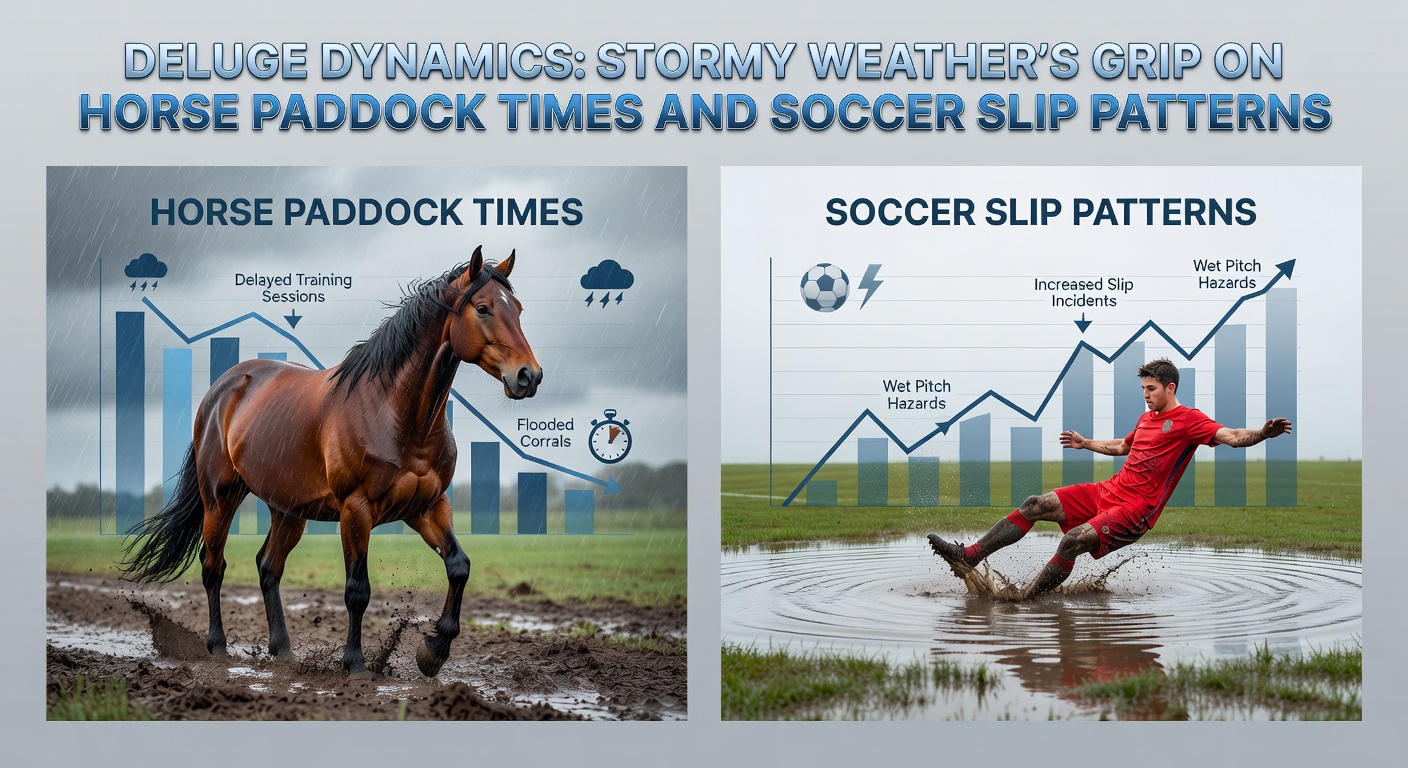 Soccer players sliding on a waterlogged pitch during a match, with rain pouring and ball splashing through puddles