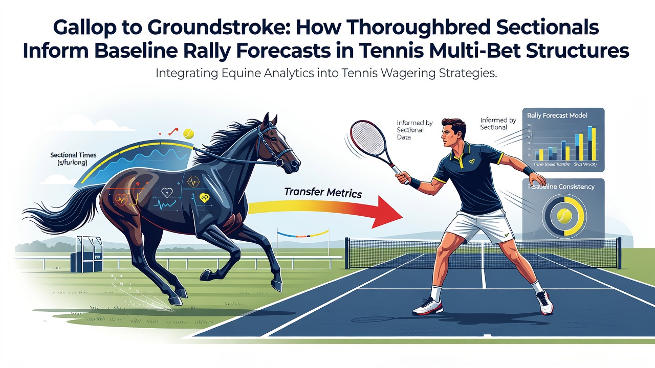Thoroughbred horse in full stride during a sectional timing segment on a racetrack, overlaid with tennis court baseline rally graphics