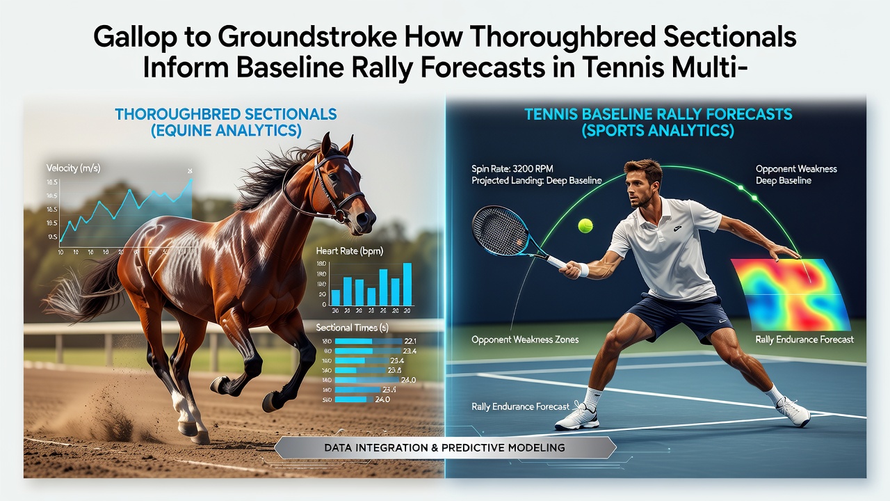 Split-screen graphic showing equine sectional timing chart beside tennis Hawk-Eye rally speed decay graph during a baseline exchange