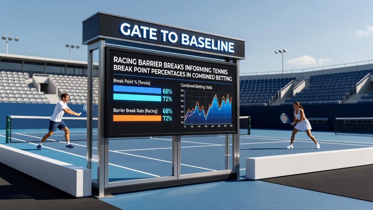 Tennis player approaching the baseline with racing barrier in background overlay