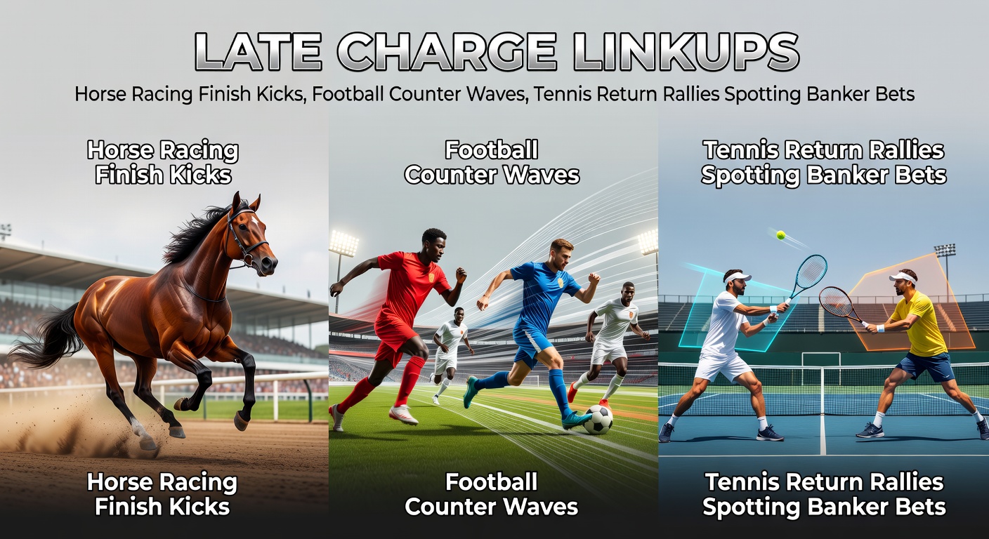 Horse racing finish line surge with jockey urging mount forward, soccer player breaking on counter, tennis player returning aggressively during rally