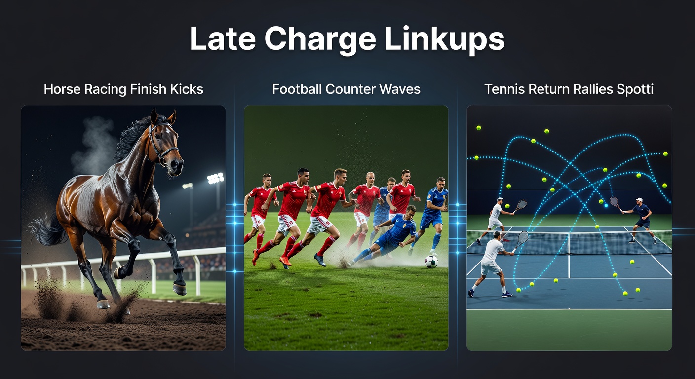 Tennis player mid-return rally on clay court, soccer counterattack in progress, horse surging late in stretch