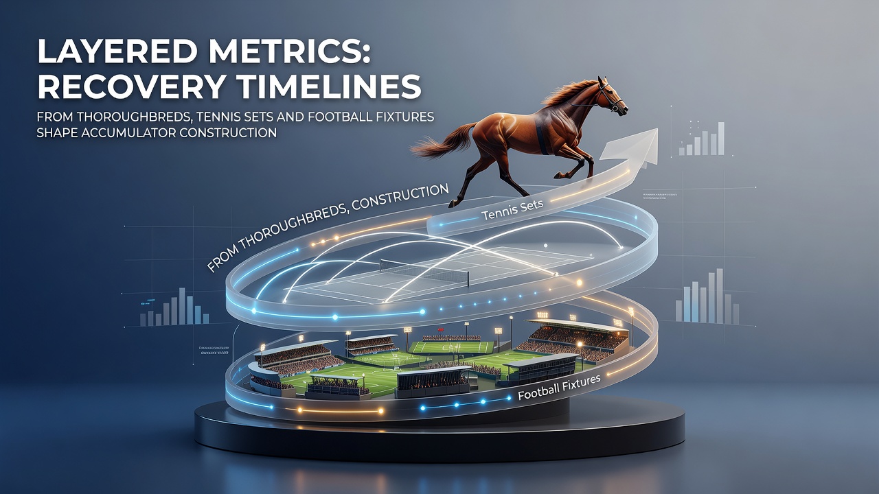 Thoroughbred recovery analysis chart overlaid with tennis set data and football fixture timelines for accumulator planning