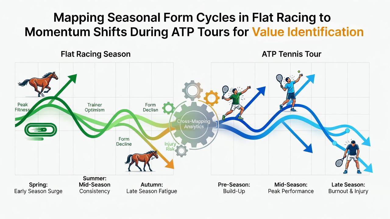 Flat racing track with horses in seasonal training alongside tennis court momentum charts