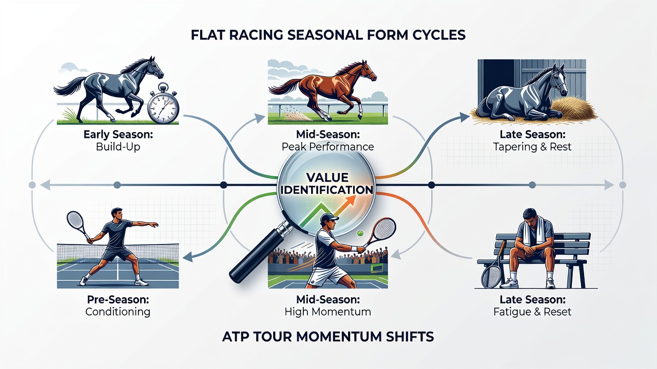 ATP tennis player in motion during a momentum-building match with overlay graphs of performance cycles
