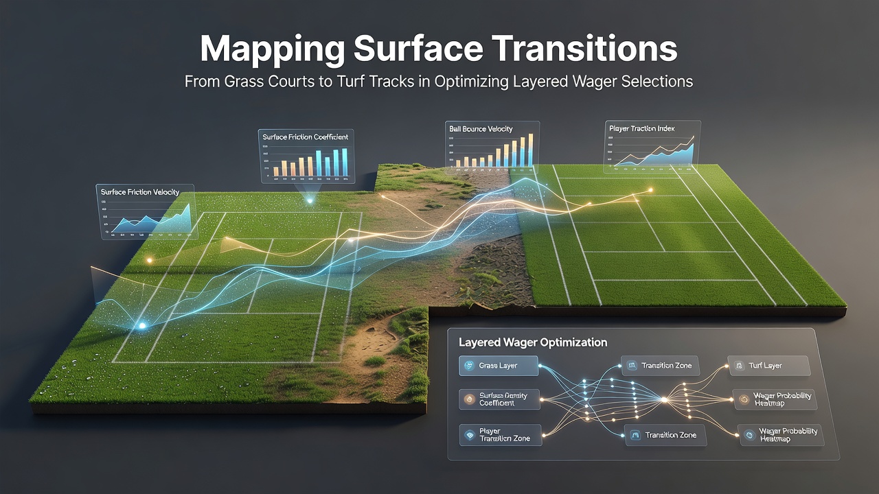 Visualization of grass tennis courts transitioning into turf horse racing tracks with overlaid performance data charts