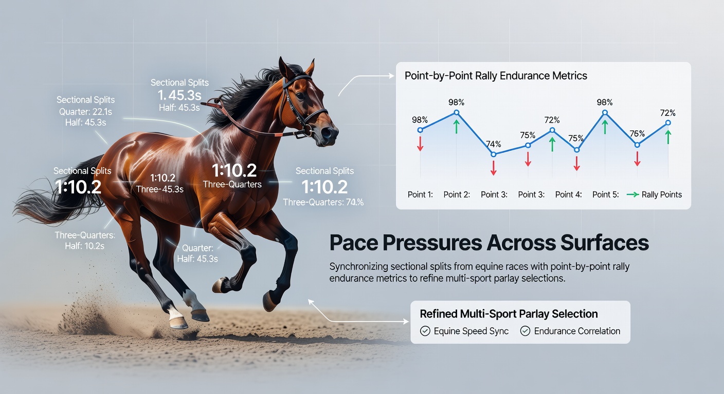 Data visualization showing synchronized horse racing sectional splits and tennis rally endurance metrics overlaid on a multi-sport parlay selection interface