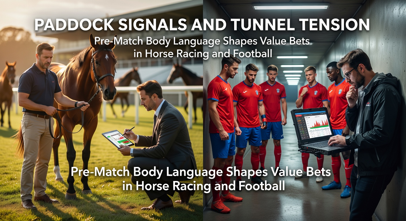 A horse in the paddock with trainers observing its gait and demeanor before a race, highlighting subtle body language cues