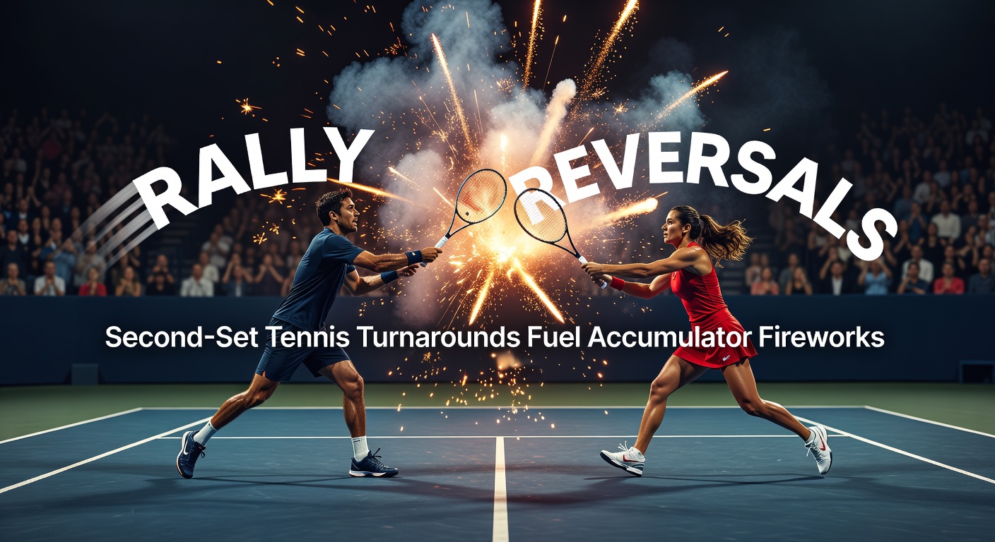 Tennis player executing a powerful rally reversal during a second-set comeback, racket mid-swing amid intense baseline exchange