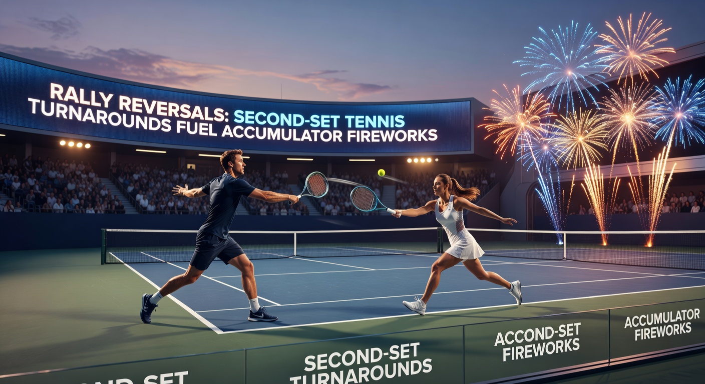 Dynamic tennis accumulator bet slip highlighting second-set reversal outcomes combined with multi-sport legs, glowing odds display