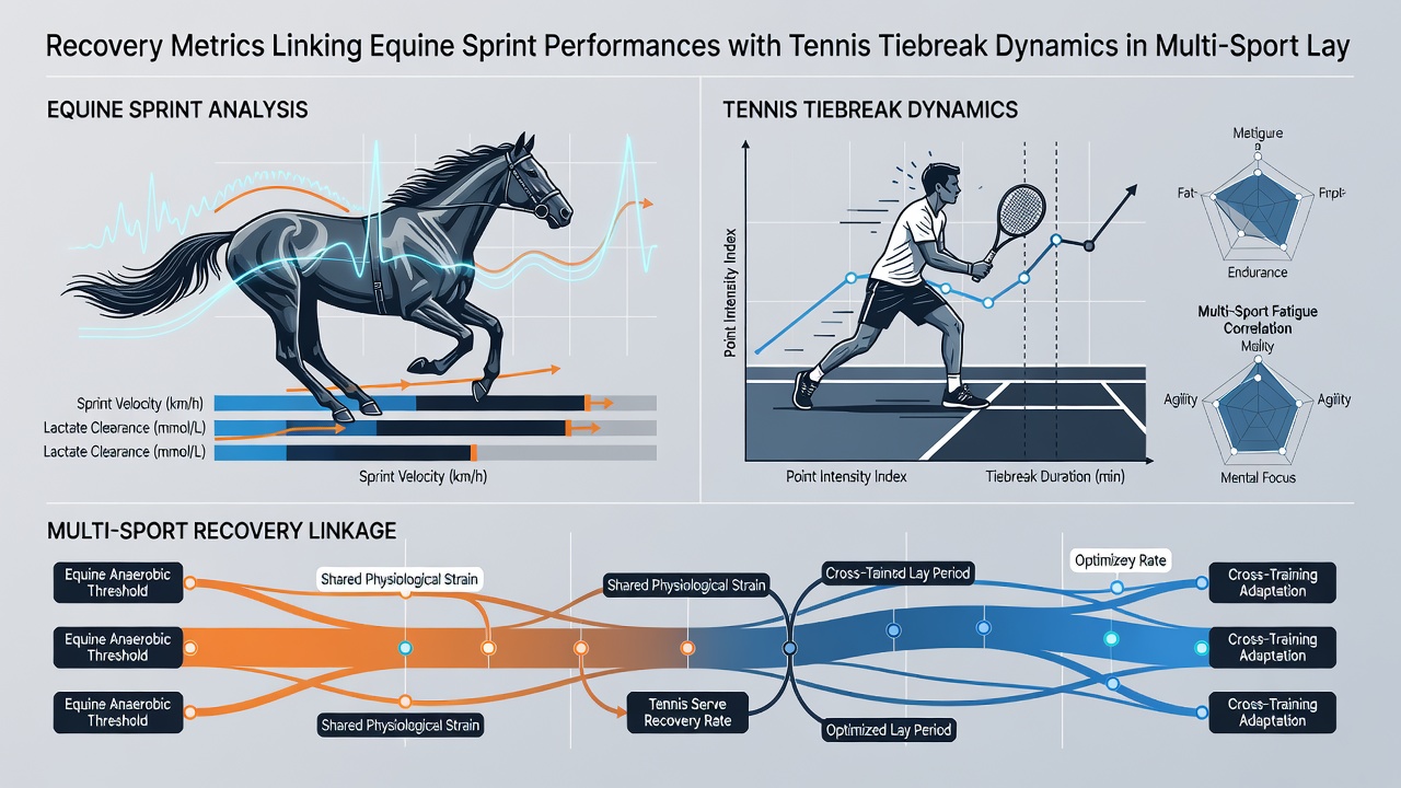 Infographic comparing recovery timelines between equine sprint athletes and tennis competitors during tiebreak sequences