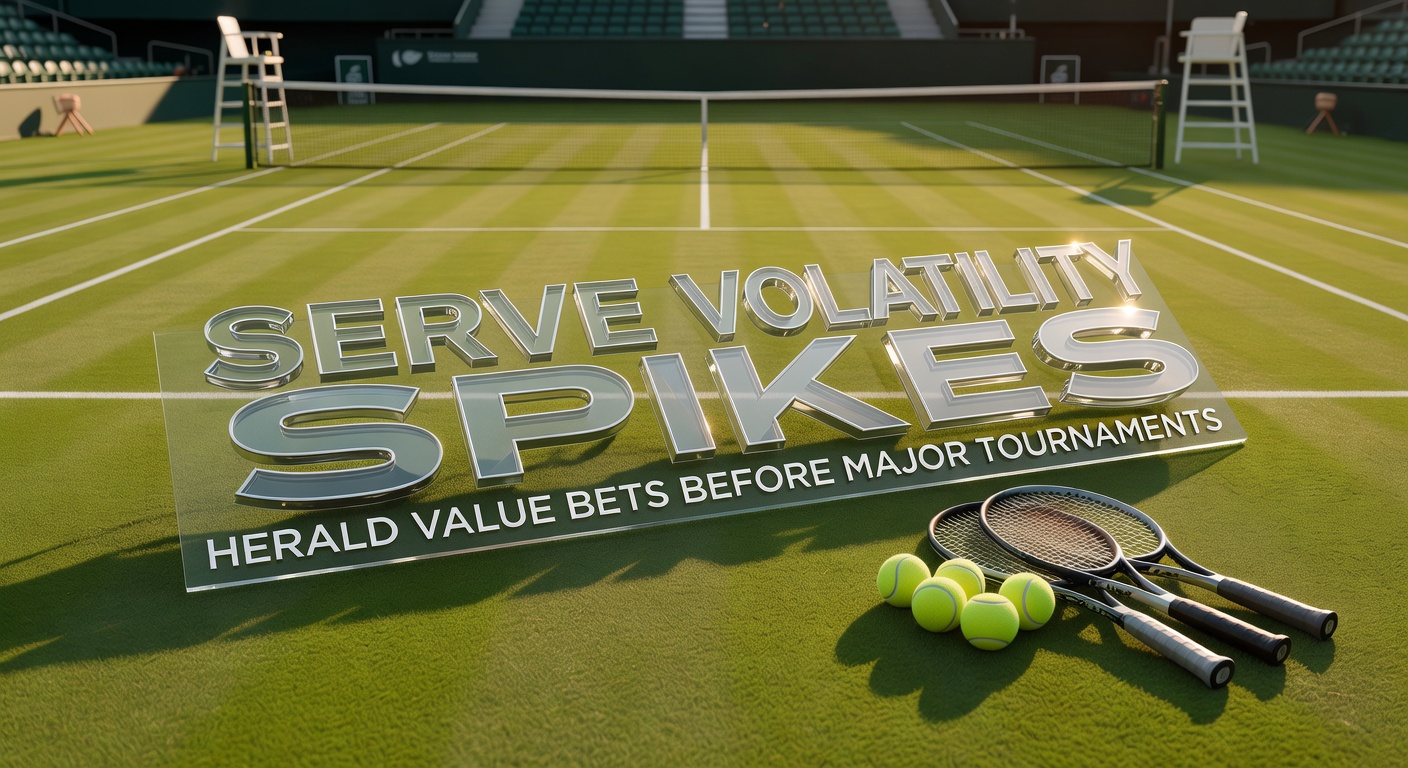 A tennis player serving on a grass court during a high-stakes match, with the ball blurring in motion against the green turf