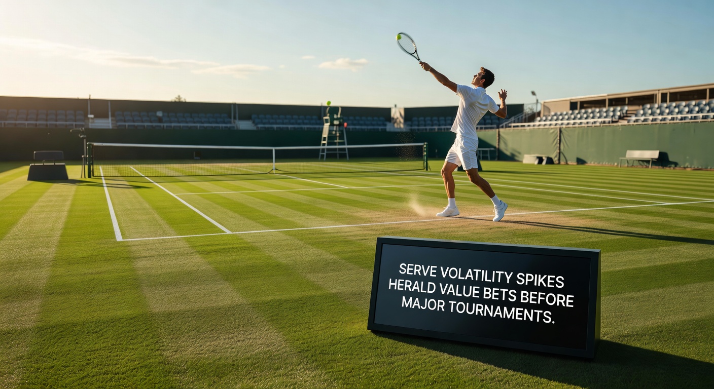 Close-up of a grass court baseline with skid marks from serves, illustrating the low bounce and speed that amplify volatility