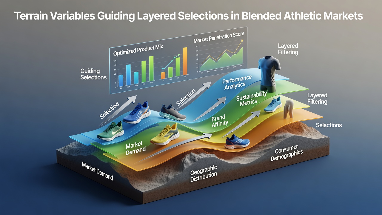 Visual representation of terrain variables influencing selections across blended athletic markets including racing tracks and sports fields