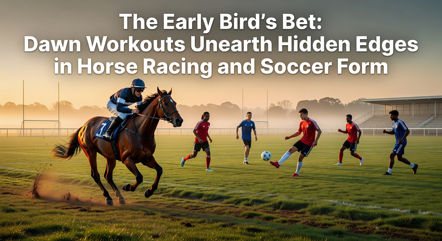 A horse galloping at dawn on a misty racetrack, trainers observing closely from the rail