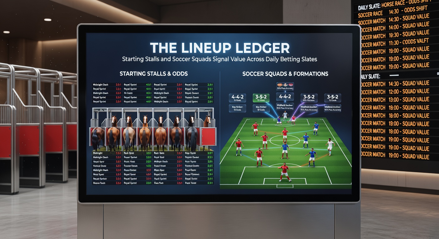 Horse racing starting stalls align at the gate while soccer players huddle before kickoff, highlighting key lineup factors in betting