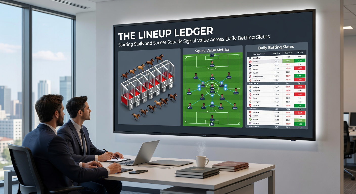 Soccer coach reveals lineup on tablet as jockeys check stall positions, merging sports betting signals