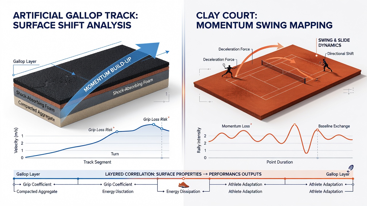 Clay court tennis surface during match play highlighting momentum shifts and ball trajectory patterns