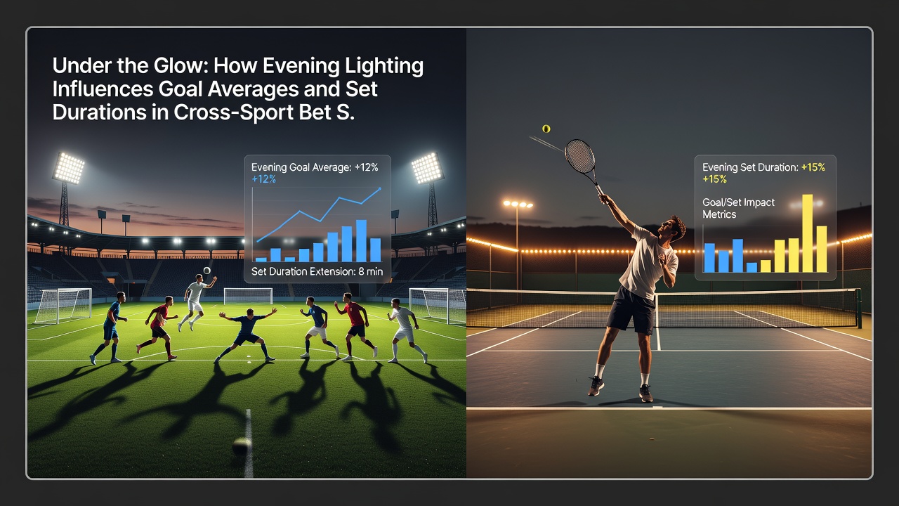 Tennis court lit by evening floodlights during a night match with players tracking the ball