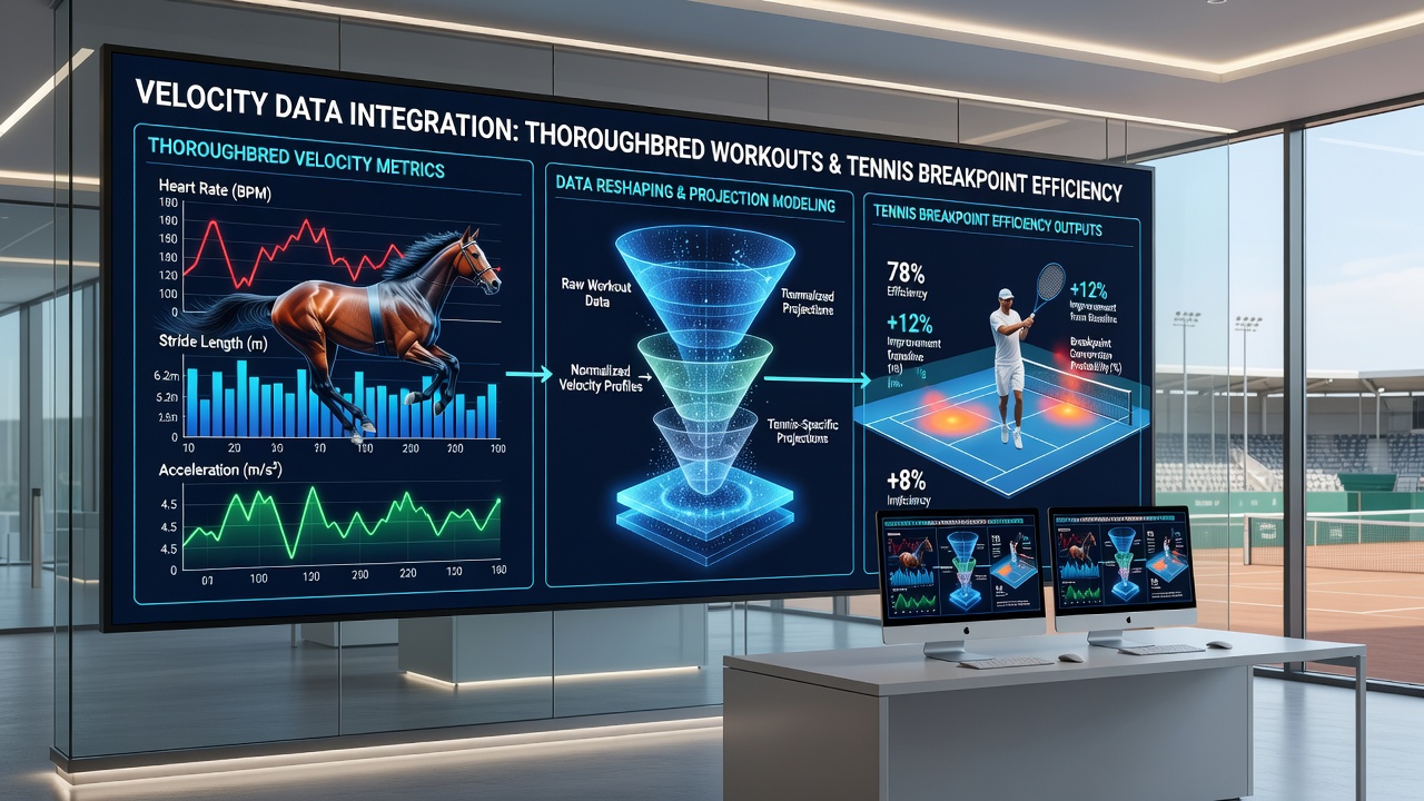 Data visualization dashboard displaying velocity graphs from horse workouts connected to tennis breakpoint charts and football draw probability tables