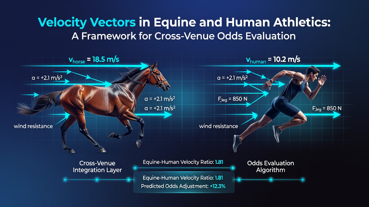 Diagram showing velocity vectors applied to horse racing and human sprint mechanics across different venues