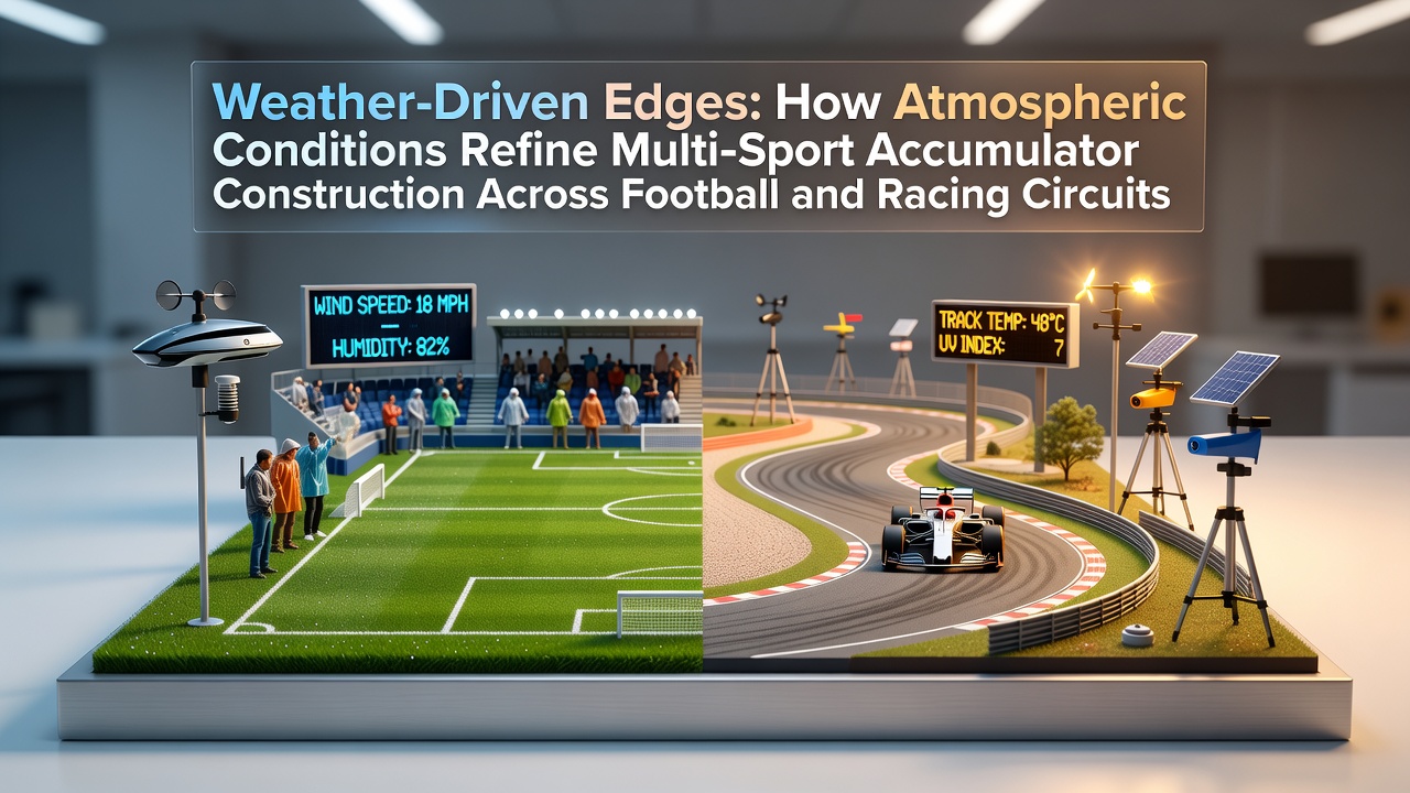 Weather patterns over a football pitch and racing track illustrating atmospheric influences on betting accumulators